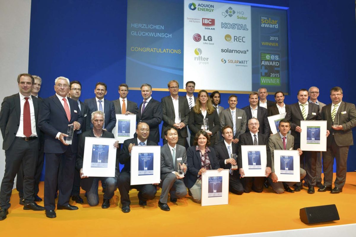 HiQ Solar, LG Electronics Deutschland GmbH and REC Solar EMEA GmbH  all earned awards at the 2015 Intersolar AWARD event. Image: Solar Promotion GmbH