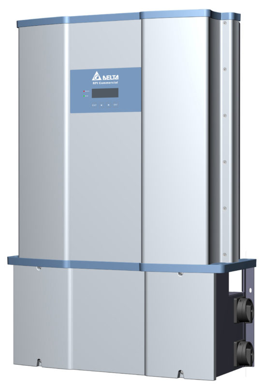 The M80U is a grid-tied, 3-phase and transformerless inverter that converts direct current (DC) output from a photovoltaic system into a utility frequency alternating current (AC) with industry-leading efficiency of 98.8%. Image: Delta