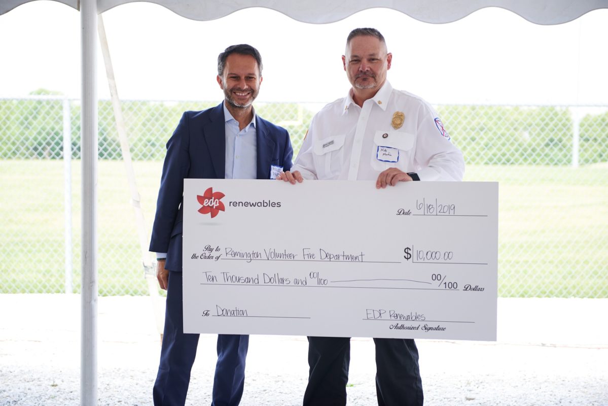 EDP Renewables previously donated US$10,000 to Virginia's Remington Volunteer Fire Department in 2019. Image credit: EDP Renewables