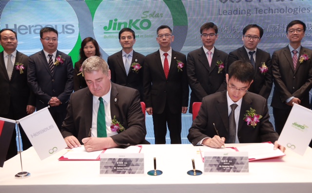 Heraeus Photovoltaics said it had signed a major strategic partnership agreement with ‘Silicon Module Super League’ (SMSL) leader JinkoSolar that will focus on what the company said would be the development of a new generation of “Super PV Cells” with higher efficiencies and lower costs. Image: Heraeus