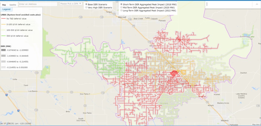 A Locational Net Benefit Analysis map created for demonstration purposes by California utility PG&E. Image: PG&E map screenshotted by SEIA. 