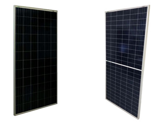 Bifacial modules in different geometries. (left) 72 full cells and (right) 144 half cells module.